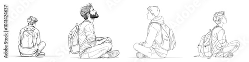 Drawing depicting a guy sitting on the ground hugging his knees while carrying a backpack, hugging a lantern