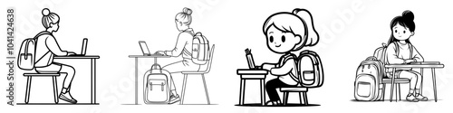 An illustration of a schoolgirl sitting on a desk with a backpack writing in a notebook in a single line
