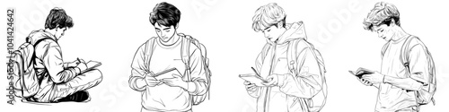 Drawing of a schoolboy guy with a backpack writing in a notepad in one line