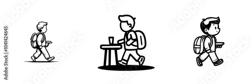 Schoolboy with backpack walking beside a bench in a one-line drawing