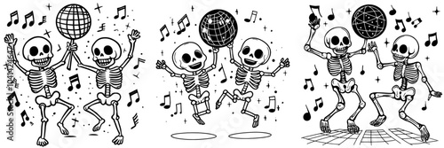 Two funny Zombies dancing under a disco ball in black ink. Simple minimalistic modern.