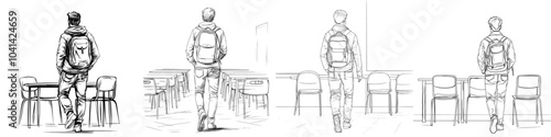 One-line drawing of a schoolboy with a backpack standing in front of an empty table, hands in pockets