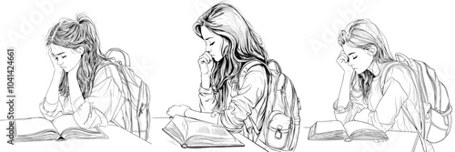 A modern linear drawing of a schoolgirl sitting at a desk reading, with a backpack on the desk