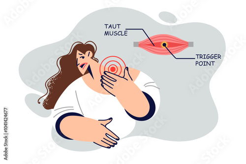 Taut muscle and trigger point in woman neck, causing pain due to poor posture and long of working