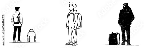 Drawing of a schoolboy and a guy with a backpack standing on the floor, hands in pockets, with a backpack on the floor with a backpack on the floor.
