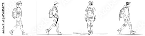 Typical modern drawing of a schoolboy with a backpack walking one line at a time