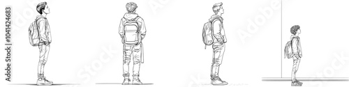 Graphite drawing of a schoolboy with a backpack and hands in pockets