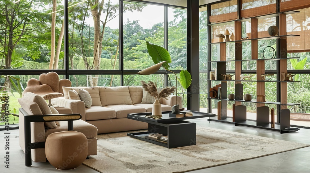 Minimalist, japandi interior design of modern living room - an elegant and serene space. This modern living room showcases a minimalist Japandi interior design, with clean lines and a harmonious blend Minimalist, japandi interior design of modern living room - an elegant and serene space. This modern living room showcases a minimalist Japandi interior design, with clean lines and a harmonious blend