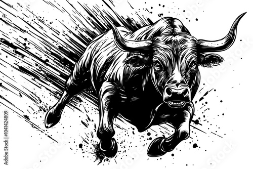 A modern illustration in black and white of a roaring bull with a woodcut style, engraved in the vintage style