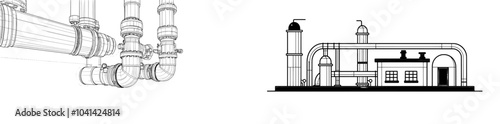 An intricate industrial piping illustration in a minimalist style with a valve