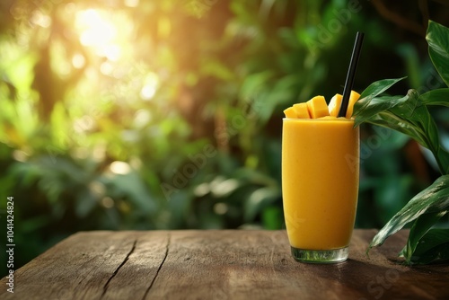 Ground level angle view, textured wood surface with blurred tropical garden and lush greenery, showcasing a vibrant mango smoothie, ad promo template, smoothie branding, tropical decor photo