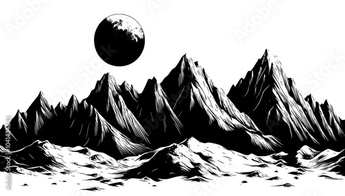 Hand-drawn Black and White Engraved Illustration of a Woodcut Mountain Range