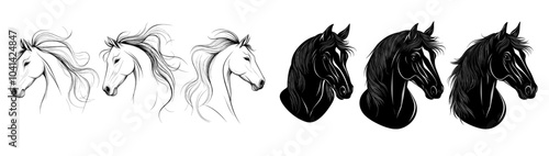 Illustration of a hand-drawn horse head in black and white with detailed sketches
