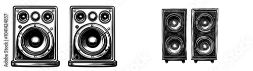 Illustration of Modern Speakers drawn in Black and White in Woodcut Style