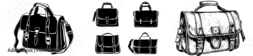 The image is a black and white illustration of a vintage leather bag with engraved and hand-drawn woodcut styles.