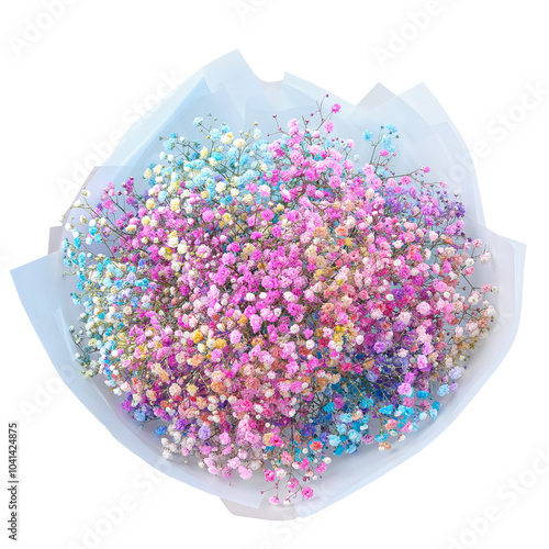 Bouquet of rainbow gypsophila isolated on white background. Fresh cut flower. Top view.