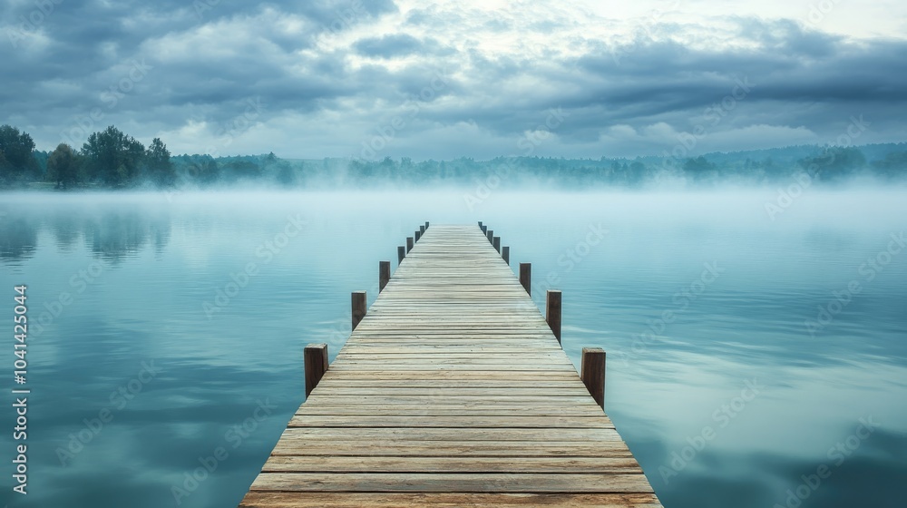 Fototapeta premium Wooden dock stretching into a serene misty lake beneath a cloudy sky Close up view