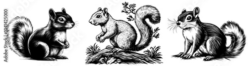 Hand-drawn vintage squirrel illustration in black and white engraving style