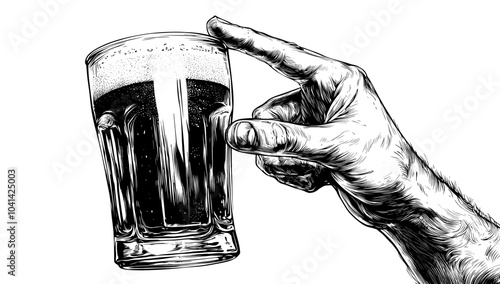In Vintage Engraved Style, Hand holds beer glass in hand-drawn illustration