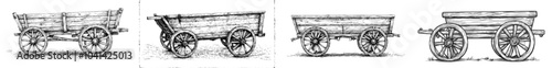 An illustration of a rustic wooden wagon with wheels for farmers. Vintage cart for farming and harvesting with an isolated background. Old retro country transport with wheels for farmers.