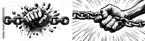 The hand breaking chains in an engraved style symbolizing freedom and liberation