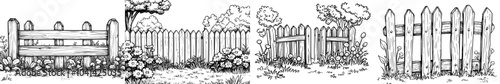 A black etching illustrating an old boundary made of timber planks with a wooden picket fence in the background. Outline drawing of countryside outdoor decor.