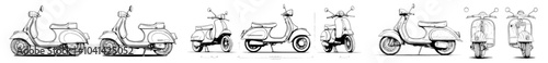Black and White Illustration of Scooters with Side Views in Vintage Woodcut Style