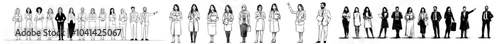 Men and women characters representing diverse multiethnic business teams standing. Black and white outline sketch illustration isolated on transparent background.