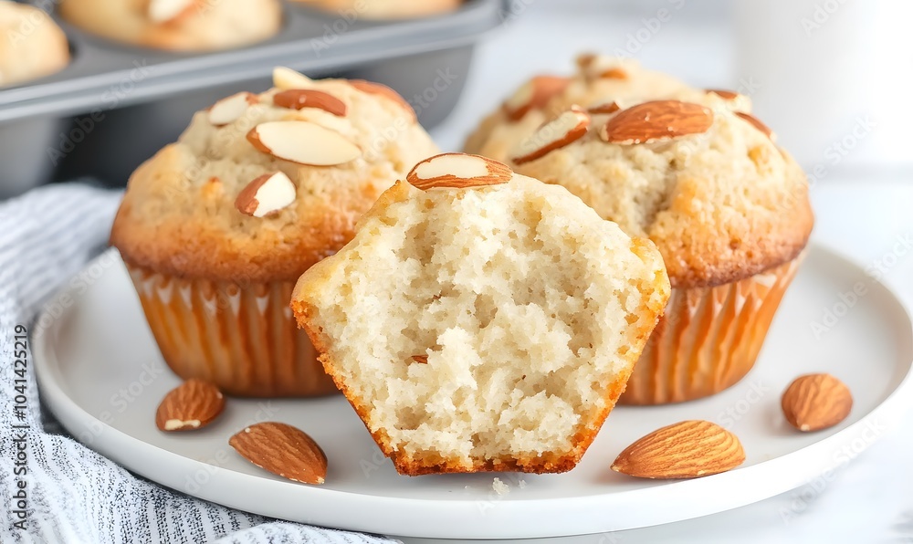 muffins with almonds on a plate, Generative AI muffins with almonds on a plate, Generative AI