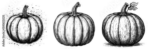 Autumn and Halloween Illustration with outline of a pumpkin on isolated background. Seasonal vegetable in outline style painted with black ink.