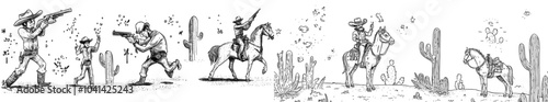 Wild west line art graphics. Hand drawn stickers in a cosmic cowboy style. Vintage weird clipart ink elements for logos, posters, prints, and social media.