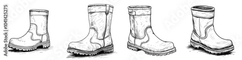 Illustration of a rain rubber boot. Linear black drawing of gardening wet. Outline sketch of an agricultural gumboot.