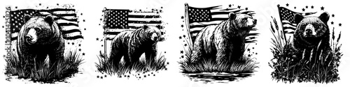 Graphic design with a bold bear and a red American flag, in monochrome, with a patriotic theme