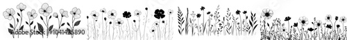 Drawing style wild flower line set for nature spring background, grass field outline illustration, wild floral elements, spring garden flowers, nature-inspired floral design
