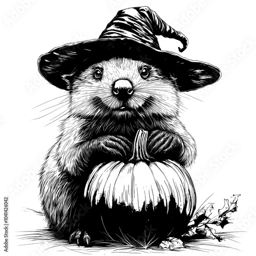 A beaver holding a Halloween pumpkin in a witch hat is sketched