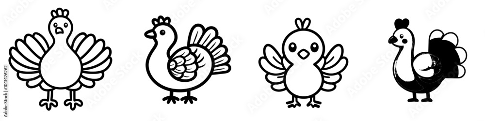 An illustration of a turkey's body shape and feathers in black and white. An illustration of a turkey's body shape and feathers in black and white.