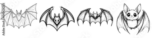 An illustration of a Halloween flying bat in line art style. Hand drawn outline sketch, engraved doodle illustration. For coloring books, invitations, and other decorations.