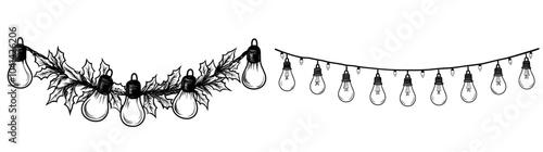 Christmas garland with ornaments and scalloped design in minimalist black outline