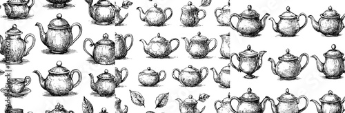 Illustration in sketch style of a teapot and a cup of tea. Seamless pattern