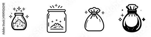 The image depicts a simple monochrome sack filled with fluffy contents surrounded by sparkles.