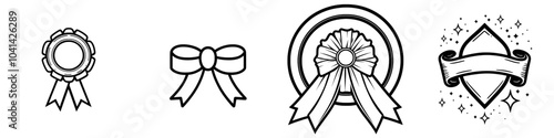 An award ribbon characterized by a circular center and two tails in black and white.