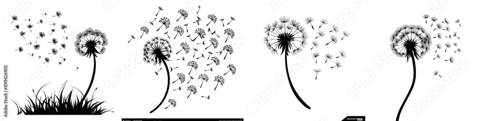 Naklejka premium In black ink, dandelion seeds are blown by the wind. Wind blows on fluffy dandelion inflorescences.