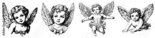 This is a detailed modern illustration of a cherub with wings, depicted in the classic engraving style.