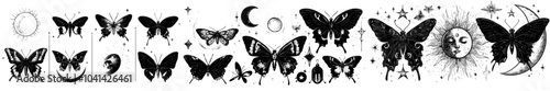 Decorative cosmic insect tattoo design, vintage bohemian magic butterflies sketch. Modern isolated set.