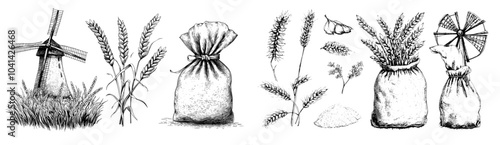 This is an illustration of flour, windmills and spikelets painted by black ink on an isolated background. An engraving for a manufacturing label or cookbook.
