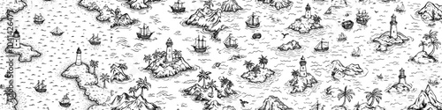 Seamap seamless pattern. Linear nautical background with islands, lighthouses, ships, and vintage regatta for wallpaper, wrapping paper, or textiles. Black drawing with ships and sea life.