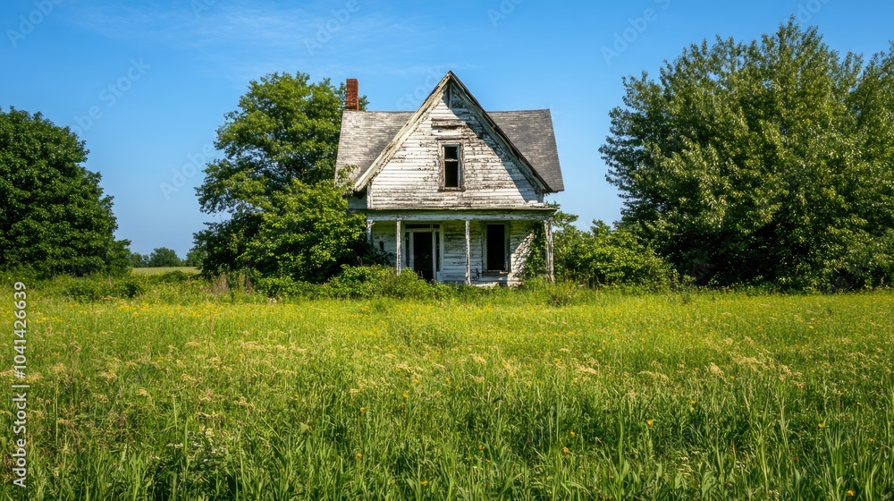 Abandoned house in a meadow surrounded by lush greenery and vibrant grass under a clear blue sky Abandoned house in a meadow surrounded by lush greenery and vibrant grass under a clear blue sky