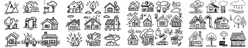 doodle icon set of modern repair service. sketch line art construction and house repair, glue part and hammer with nail. color illustrations.