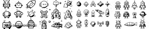 Set of modern toy and game doodle icons. Sketch line art of a robot and radio controlled car along with a flying fish and an empty doggy bag. Illustrations of a quadrocopter and telescope.