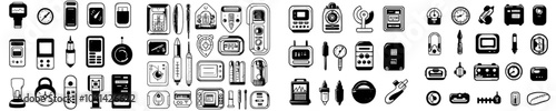 Doodle icons of measuring equipment, temperature, weight, distance, and pH gadgets. Color illustrations of accelerometers and planimeters.
